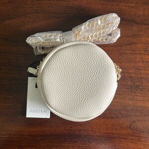 NWT Jules Kae Lily Mini Cream Round Evening Crossbody Bag with Gold Chain Strap